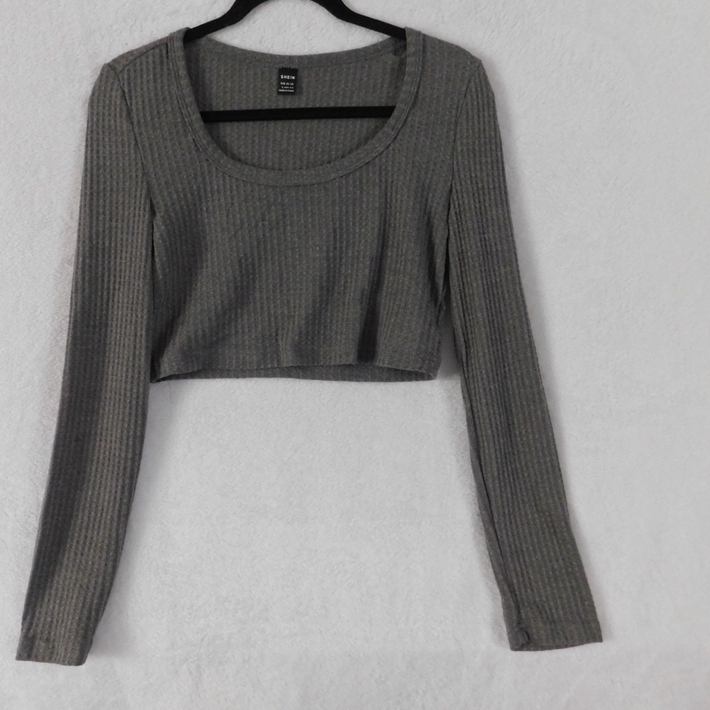 SHEIN Gray Crop‎ Top Long Sleeve Waffle Knit Scoop Neck Casual Top